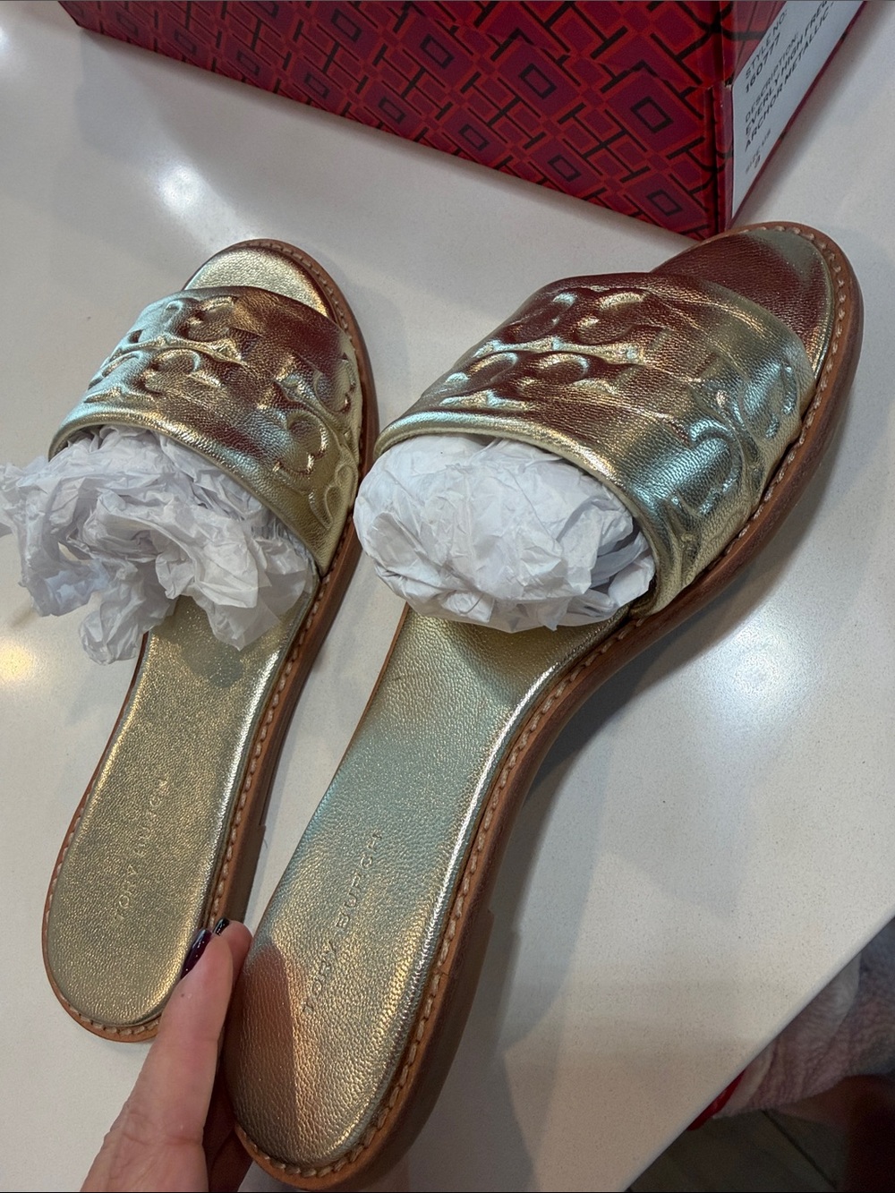 Tory Burch Orginal-Metallic Gold Slide Sandals - Women's Elegant Comfort - Picture 10 of 10